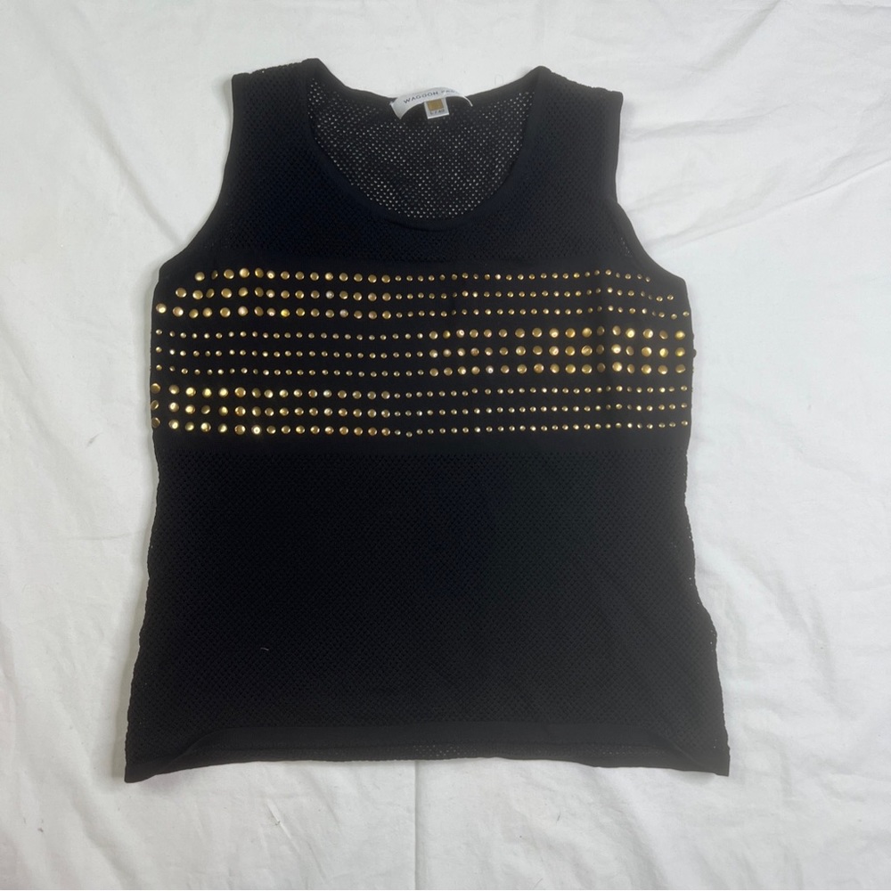 Waggon Paris Black Sleeveless Mesh Studs Top Sz L/4 Cropped Stretch A031022